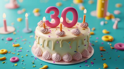A colorful 30th birthday cake topped with pink candles and icing, surrounded by scattered sprinkles on a turquoise background, celebrating a special milestone.