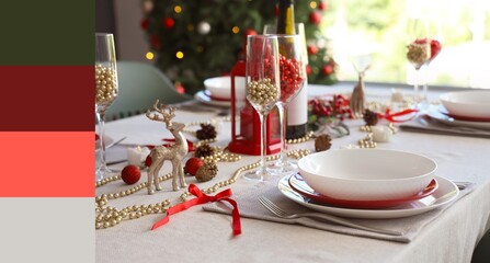 Christmas table setting with festive decorations in room. Different color patterns