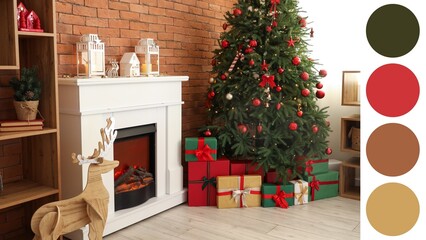Interior of living room with Christmas tree, fireplace and gifts. Different color patterns