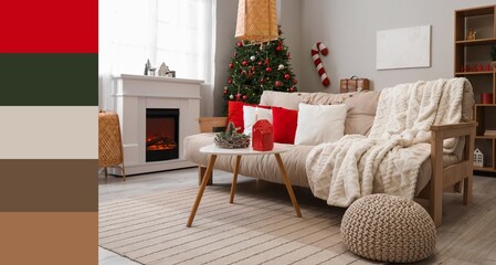 Interior of living room with soft sofa, table, Christmas tree and fireplace. Different color patterns