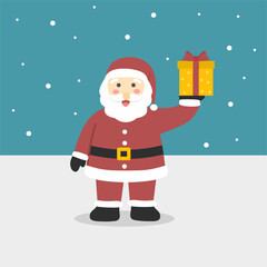 Santa Claus holding a gift with winter background, illustration of Santa claus with gift, santa claus cartoon holding gift at snowy background 