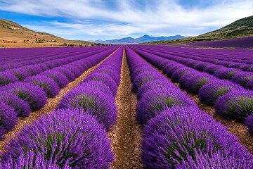 Obraz premium A field of lavender in full bloom, with rows of purple flowers stretching into the horizon, set against a backdrop of distant hills and blue skies.