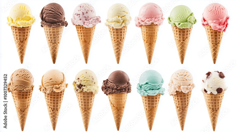 Poster a colorful display of ice cream cones featuring various flavors arranged in a neat pattern on a whit