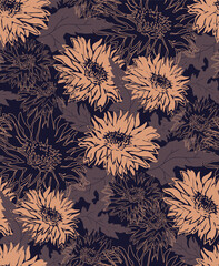 Cozy colors vector seamless pattern in earth tones of autumn flowers. with chrysanthemums. For textile design, package, home textile, fabric, wallpaper, bedding, clothes fabrics.