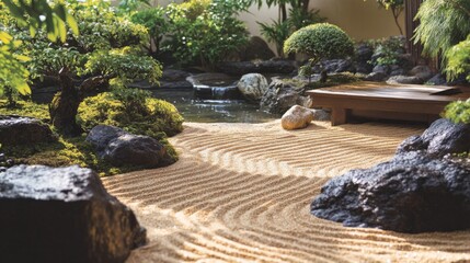 A tranquil Zen garden featuring meticulously raked sand patterns, lush greenery, a small pond, and a wooden deck, conveying peaceful and meditative energy.
