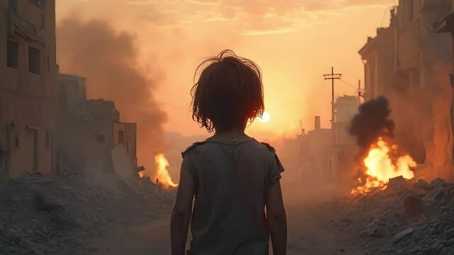 Child in a War-Torn City with Fire and Smoke in the Background
