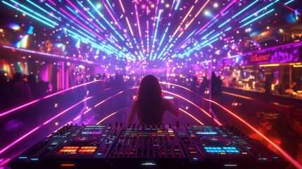 A DJ stands at a vibrant console, performing amidst a dazzling neon light display, creating an electrifying atmosphere filled with energy and excitement.