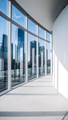 Obraz premium Spacious room with panoramic cityscape view, minimalist and sunlit design Vertical Mobile Wallpaper