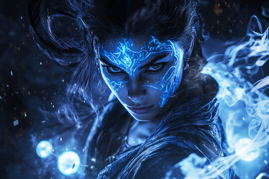 female djinn with radiant blue magical markings and intense gaze in a dark mystical setting