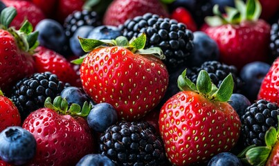 Fototapeta premium Close-up of fresh and juicy strawberries, blackberries and blueberries