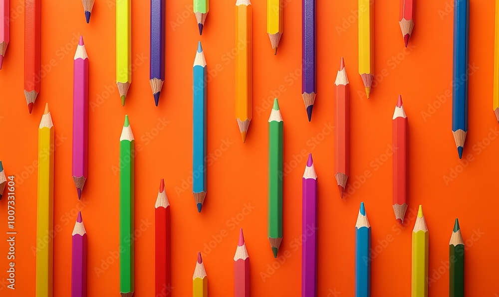 Poster a variety of colorful pencils neatly arranged in the form of a bright pattern on an orange backgroun