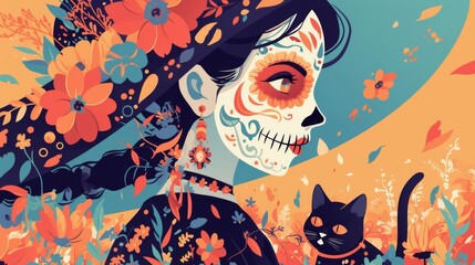 Obraz premium DÃ­a de los Muertos, Mexican holiday Day of the Dead and Halloween. Vector illustration of a woman with sugar skull makeup - Calavera Catrina, cat, flowers and mexican objects for poster or background