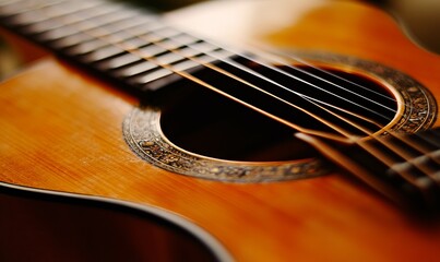 Fototapeta premium Close-up of the guitar and strings with shallow depth of field, soft focusing