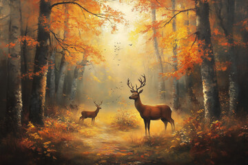 Serene Deer Herd in an Autumnal Landscape