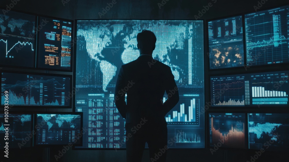 Poster a man monitoring data on multiple screens