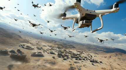 A futuristic drone swarm, flying over a high-tech military base, with soldiers below coordinating a precision attack in a vast desert. Drone swarm over a desert military base.


