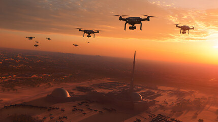 A futuristic drone swarm, flying over a high-tech military base, with soldiers below coordinating a precision attack in a vast desert. Drone swarm over a desert military base.


