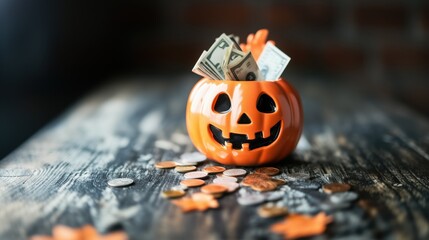 Orange jack-o'-lantern filled with cash and coins on a rustic table, evoking Halloween and financial themes.