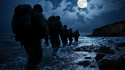 A group of modern combat divers, emerging from the ocean, their black wetsuits glistening under the moonlight as they prepare for a stealth infiltration on a rocky shore. Combat divers emerging from t