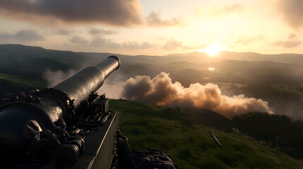 A heavy artillery unit, positioned on a grassy hilltop, with massive cannons firing towards a distant target across a smoke-filled valley. Artillery unit firing from a hilltop.


