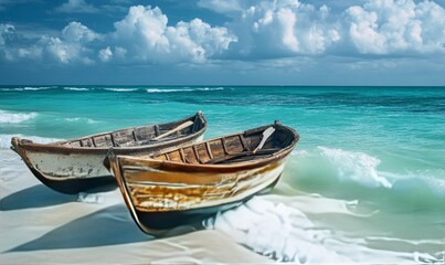 Naklejka premium Traditional wooden boats on waves near the shore of an exotic tropical island in the ocean