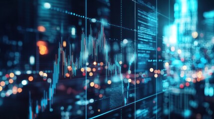 Obraz premium Stock Market Data on a Screen with Blurry City Lights