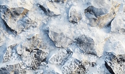 Fototapeta premium Rough texture of a stone wall covered in frost, with ice crystals forming on the uneven surface