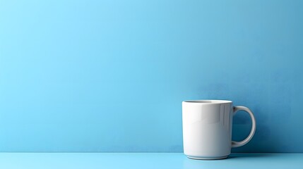 Obraz premium White coffee mug on a solid blue background. Minimalist flat lay design with copy space for beverage themes, branding, or product marketing.