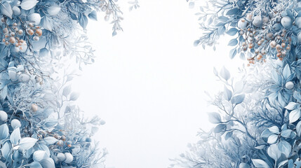 Frosted winter leaves and branches with soft white background