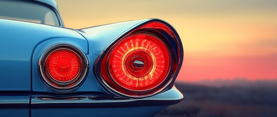 Close-up of a classic car's red taillight against a colorful sunset backdrop.