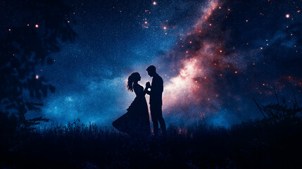 Fototapeta premium Silhouette of couple holding hands under starry night sky, with abright galaxy and shining stars illuminating the scene, creating aromantic and magical atmosphere