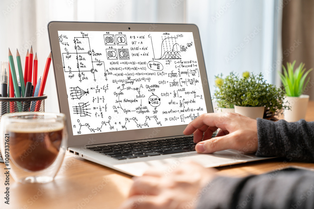 Poster mathematic equations and modish formula on computer screen showing concept of science and education