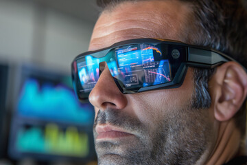 Man wearing smart augmented reality goggles, closeup detail. Generative AI