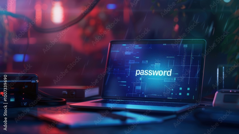 Aufkleber text password on a laptop notebook computer display screen digital technology lock, privacy network 