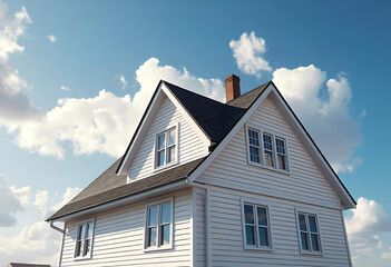 A house with white siding and a black roof is set against a blue sky with fluffy white clouds. The engineering of the sloped roof and facade windows adds character to the building
