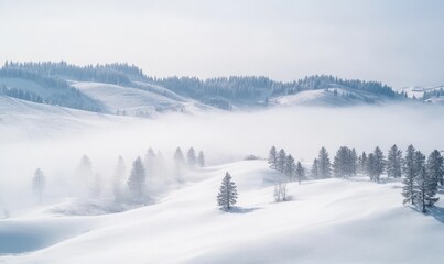 Frosty winter fog rolling over a serene landscape of snow-covered hills and distant evergreen trees