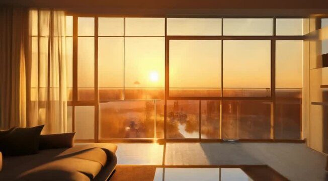 sala com uma grande janela, drone voando em dire&ccedil;&atilde;o a cidade no por do soll 