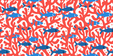 Seamless pattern with seabed. Print with fishes on a background of rich corals. Vector graphics. © Ирина Горбунова