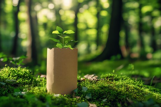 Jeune pousse dans un sac en papier recycl&eacute; sur un sol forestier verdoyant