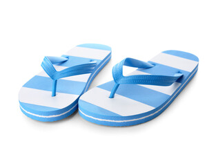 Colorful female flip flops on white background