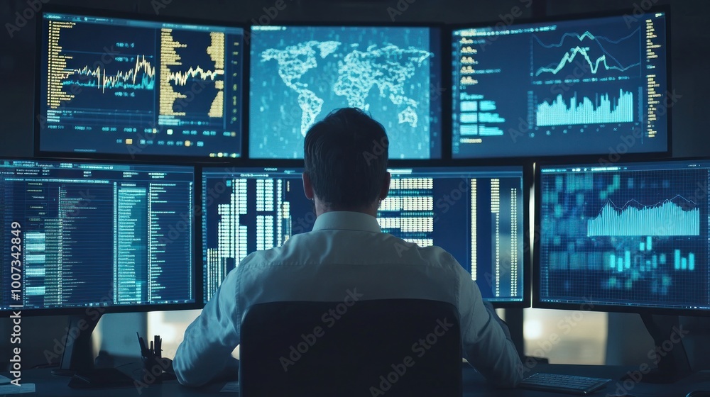 Poster man working with multiple monitors data analysis