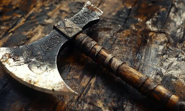 Antique medieval old axe with wooden handle