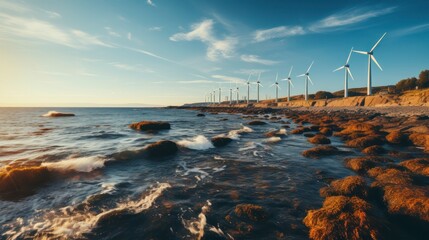 Wind turbines in the sea. Beautiful nature landscape with wind turbines.