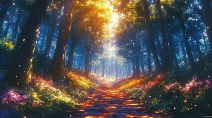 Fototapeta premium Mystical forest path bathed in golden light.
