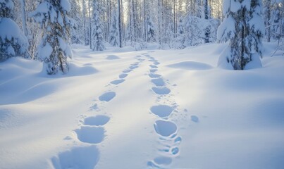 Reindeer tracks in freshly fallen snow leading through a winter forest
