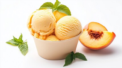 Creamy peach ice cream served in a cup with fresh mint leaves and a whole peach on a white background