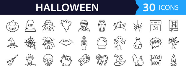 Halloween set of web icons in line style. Halloween event linear icon collection. Containing celebration 31 october, pumpkin, ghost, skull, candy, vampire, bat, and more. Editable stroke