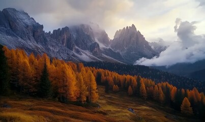 Stunning views of the mountains and valley with larch forest and wonderful sky