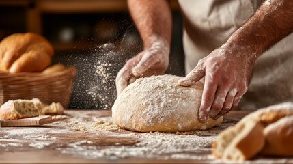 Fototapeta premium A man kneading bread dough on a table covered with white flour