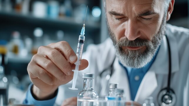 A scientist in a lab coat is filling a syringe with careful precision, symbolizing meticulous scientific research amidst an array of laboratory equipment and vials.